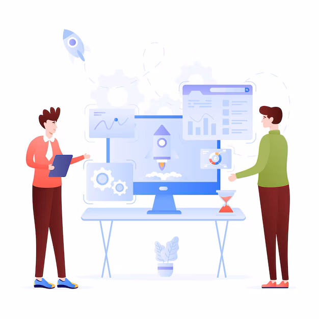 Two Employees Explaining the higher data report with rocket launch Graphics | CANWS